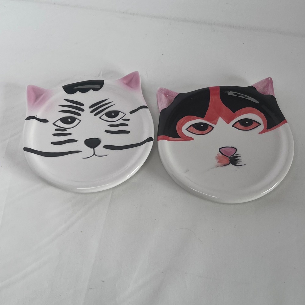Cat Face Trinket Dishes Set of 2 Ceramic Bandwagon Inc 2002‎ Kitty Cat Coaster